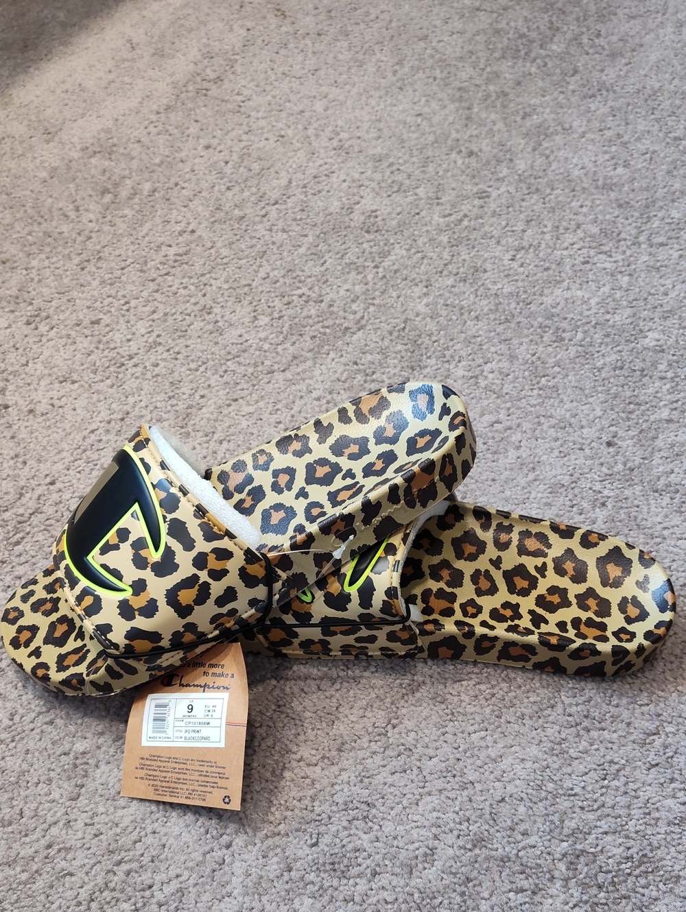 Champion Leopard Print Slide Sandals with Black & Neon Yellow Logo